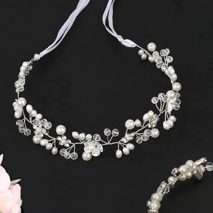 Wecoe Flower Girl Headpieces 2pcs Silver Rhinestone Pearl Headbands Wedding Bridal Flower Girl Hair Accessory Princess Hair Accessories for Birthday, Party, First Communion, Baptism - color: Silver C