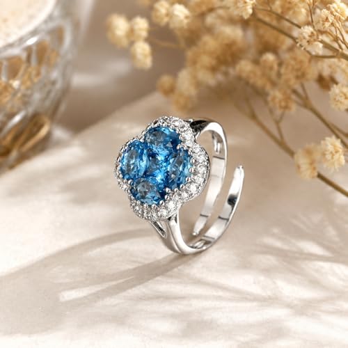 Green/Blue Zircon 4-Leaf Clover Jewelry Set – Necklace, Ring, Earrings – Women's Wedding & Evening Gift for Wife, Girlfriend, Mother – Comes with Gift Box - color: Blue Ring