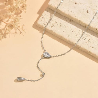 Dainty 18K Gold Plated Lariat Necklace for Women Delicate Y Chain Rose Pearl Diamond Long Drop Necklace Layering Bridal Jewelry Gift - color: CZ Waterdrop-White Gold