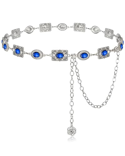Women Western Concho Chain Belt Vintage Rhinestone Gems Boho Metal Waist Chain Jeans Dress Daily Concert Halloween - color: D-sapphire Blue Retro Silver, size: Length 59" (34"+extension chain 25" )