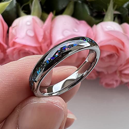 TUTISS 4mm Silver/Black Tungsten Rings for Women Men Engagement Wedding Bands Genuine Blue Green Galaxy Opal Inlay Domed Polished Comfort Fit - color: 4mm Tungsten Galaxy Opal