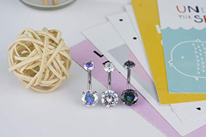 HQLA 14G Belly Button Rings Surgical Stainless Steel Round Cubic Zirconia Navel Barbell Stud Body Piercing - color: 3Pcs(Clear+AB+Black Colorful)