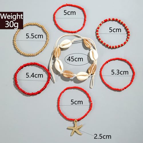 Bohemian Stackable Shell Beaded Ankle Bracelets for Women Colorful Boho Multi-Layer Seashell Gold Starfish Adjustable Handmade Braid Bracelet Summer Beach Holiday Accessories Gifts - color: Red