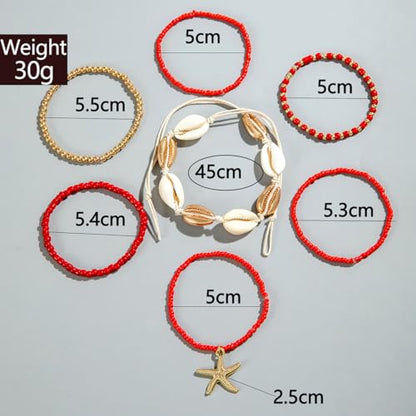 Bohemian Starfish Bracelets for Women - Adjustable Stackable Beach Bracelets, Handmade Stretchy Beaded Summer Jewelry, Perfect for Surf & Waterproof Fun - color: Red