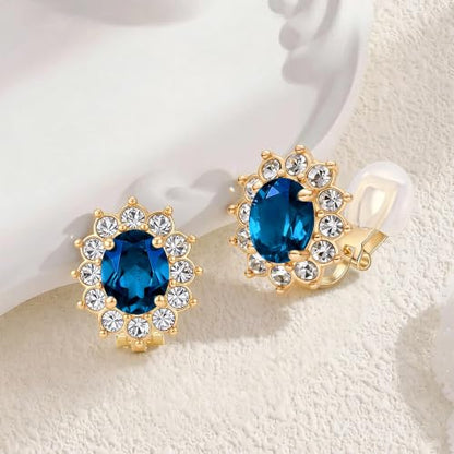 EVEVIC Oval Austrian Crystal Halo Clip On Earrings for Women | Oval Austrian Crystal with Zircon Halo,14K Gold-Plated,Silicone Comfort Pad,Gift Box Included,For Daily and Evening Events - color: Dark Blue