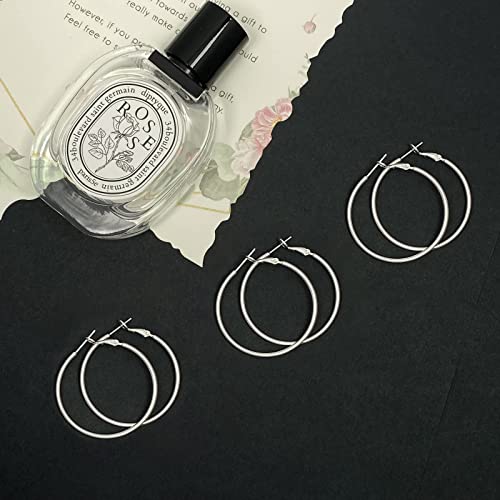3 Pairs Sterling Silver Large Hoop Earrings Set for Women 40 50 60MM | 14K White Gold Plated, Hypoallergenic - style: Ac:Silver 3 pairs 50mm
