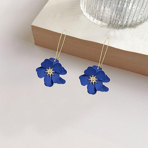 Bohemian Daisy Flower Matte Floral Long Petal Drop Dangle Earrings Layered Tiered for Women Chic Boho Wedding Jewelry - color: Dark Blue
