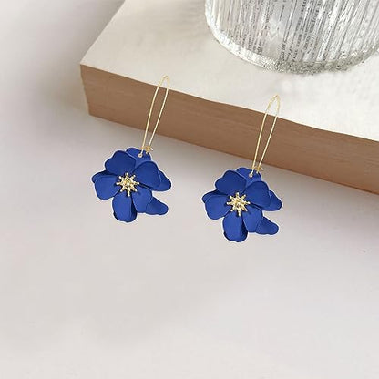 Bohemian Daisy Flower Matte Floral Long Petal Drop Dangle Earrings Layered Tiered for Women Chic Boho Wedding Jewelry - color: Dark Blue