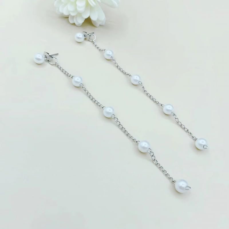 HAXIYA Lariat Long Silver Pearl Necklace Jewelry Set Bracelet Earrings | Sterling Silver Pearl Y Shaped Necklace and Earring Set with Bracelets Chain Simple Jewelry Wedding
