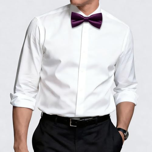Hi-Tie 5Pcs Mens Solid Color Silk Tie Satin Pretied Bowtie Lapel Pin for Men Handkerchief Cufflink Wedding Gift Box - color: Dark Purple