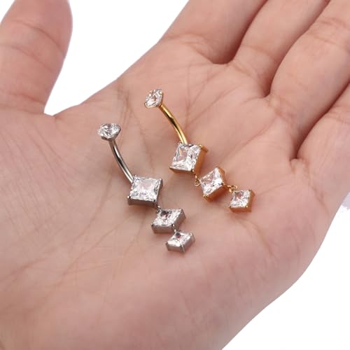 GAGABODY G23 Titanium Dangly Belly Button Ring Long Belly Rings Belly Piercing Jewelry 14G 3/8 inch 10mm Navel Barbell CZ Navel Piercing Ring - color: Style1:Gold+Dangle Square Shape Clear CZ