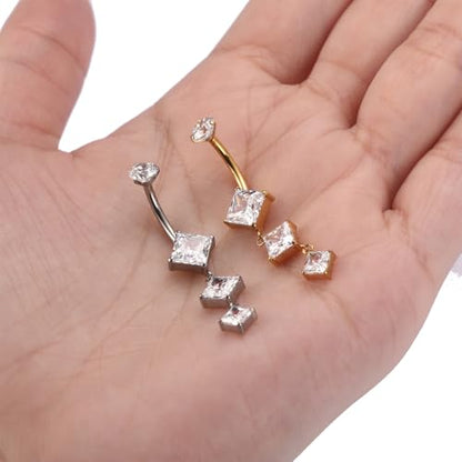 GAGABODY G23 Titanium Dangly Belly Button Ring Long Belly Rings Belly Piercing Jewelry 14G 3/8 inch 10mm Navel Barbell CZ Navel Piercing Ring - color: Style1:Gold+Dangle Square Shape Clear CZ