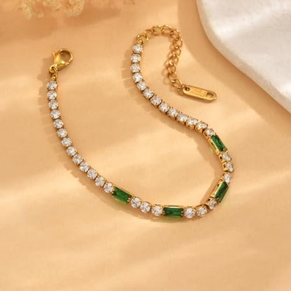 Tennis Bracelet for Women 18K Gold Plated White Red Green Black Blue Pink 3mm Cubic Zirconia Bracelet Dainty Diamond Adjustable Bracelet Trendy Jewelry Gift - color: Green Tennis-GD