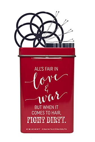 Cricket Hair Clip - Love and War Hair Tin with 25 Hair Ties & 30 Bobby Pins in Reusable Metal Tin for Home, On the Go, Salon, Barbershops, Red, 55 PC | 25 Black No Metal Hair Ties, 30 Bobby Pins, Reusable Metal Tin, Retro Style, Travel Friendly - color: R