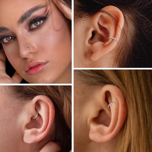 FUNLMO 20G 18G 16G 12G Nose Ring Hoop Conch Rook Daith Helix Tragus Piercing Jewelry 316L Surgical Steel Cartilage Earring Conch Hoop Earring Septum Jewelry Belly Lip Ring 5mm to 14mm - color: Silver-clear CZ&blue opal, 1pc