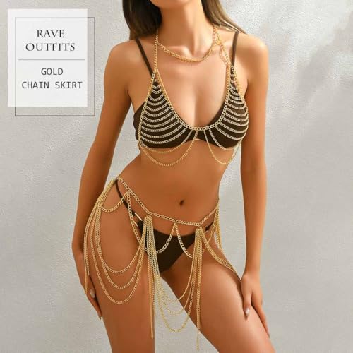 Chain Bra Rave Outfits for Women Gold Chain Skirt Layered Body Chain Set Bra Jewelry Beach Belly Chains (Bra + Skirt)