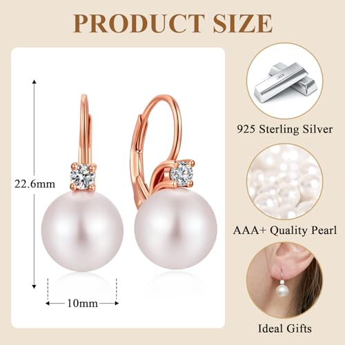 925 Sterling Silver Pearl Leverback Earrings for Women Cubic Zirconia Pearl Jewelry 10MM - color: A: Leverback-Rose Color