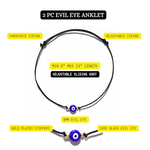 Zeytin 2pc Evil Eye Anklet Set for Women, Boho Ankle Bracelet | Turkish evil eye, blue glass bead, black parachute cord, 6-13 inch fit, gold plated stoppers, beach anklet, festival jewelry