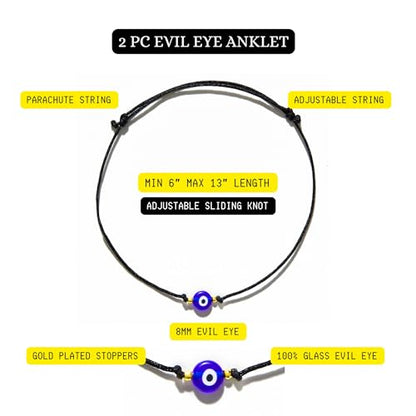 Zeytin 2pc Evil Eye Anklet Set for Women, Boho Ankle Bracelet | Turkish evil eye, blue glass bead, black parachute cord, 6-13 inch fit, gold plated stoppers, beach anklet, festival jewelry