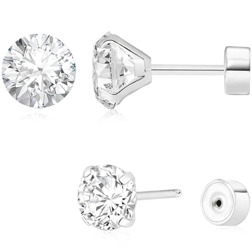 Threadless Flat Back Earrings, Hypoallergenic 14K Real Gold Plated CZ Stud Earrings | Cartilage Earring | Tragus Helix Piercing Jewelry | Push in Flatback Earrings for Women Men - color: Silver, size: 8 Millimeters