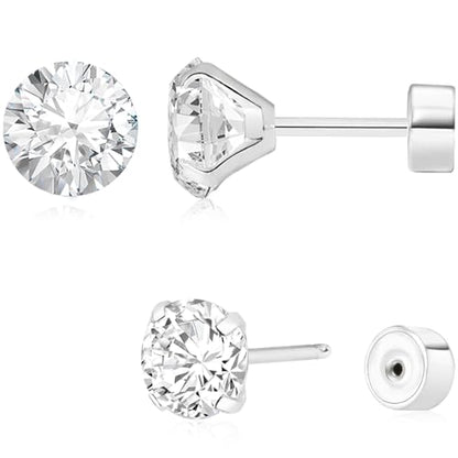 Threadless Flat Back Earrings, Hypoallergenic 14K Real Gold Plated CZ Stud Earrings | Cartilage Earring | Tragus Helix Piercing Jewelry | Push in Flatback Earrings for Women Men - color: Silver, size: 8 Millimeters
