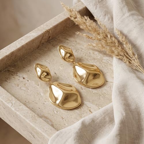 Harlermoon Chunky Gold Statement Earrings for Women 14K Gold Plated Sculptural Curved Dangle Drop Studs Hypoallergenic Geometric Jewelry Gift