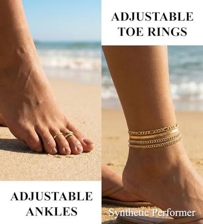 CASDAN 13Pcs Silver/Golden Toe Rings and Ankle Bracelets for Women | Layered Anklets Chain,Adjustable Open Tail Toe Ring,Waterproof Cuban Link Chain Anklets Set,Beach Foot Jewelry for Summer - color: Gold,B