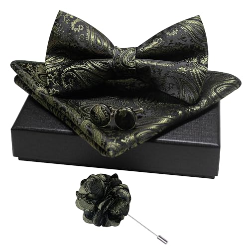 JEMYGINS Mens Paisley Bow Tie and Lapel Pin Necktie Pocket Square and Tie Clip with Sets for Business Casual 4PCS - color: Olive Green