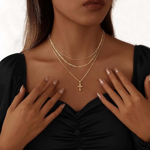 Layered Gold Cross Necklaces for Women, Stack Stackable 14K Gold/Silver Plated Cubic Zirconia Pendant Necklace Set Dainty Choker Layering Necklaces for Women Faith Jewelry Religious Gift - style: Gold-3