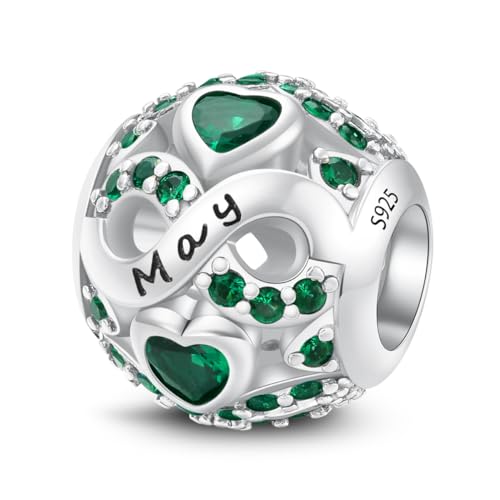 MICOO 925 Sterling Silver Jan-Dec Birthstone Charms For Bracelets and Necklaces, Original DIY Bead Charms With Cubic Zirconias Jewelry Birthday Gifts For Women. - color: 5-May Birthstone charm