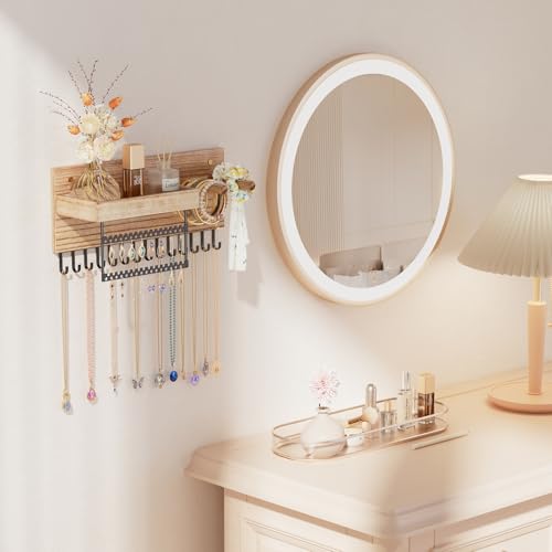Lolalet Wall Mounted Hanging Jewelry Organizer, 15 Hooks Wooden Necklaces Holder with Storage Shelf, Easy Install Earrings Bracelets Hanger -Light Brown - color: Light Brown