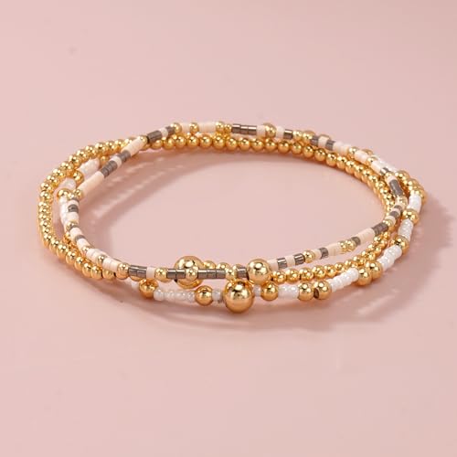 Gold Beaded Bracelet Stack for Women Colorful Small Seed Beads Bracelets Set Boho 14K Gold Plated Ball Stackable Stretch Non-Tarnish Dainty Jewelry Trendy Accessory Friendship Gift - color: khaki and white