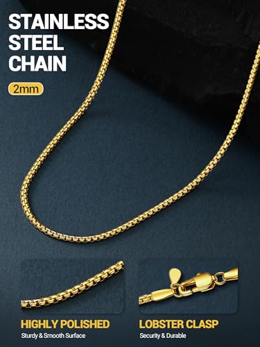 PROSTEEL Stainless Steel Flat Box Link Chain Necklace for Men | Silver/Black/18K Gold Plated,2/3/4/5/6/7/8mm Width Chain with Strong Lobster Clasp/Waterproof Men Women Jewelry with Gift Box - size: 14 inch(35cm), style: 2mm-Luxury Gold