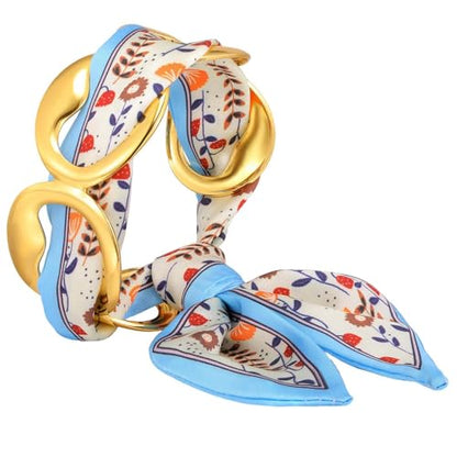 Women Trendy 2 in 1 Silk Scarf Wide Open Cuff Bangle Bracelet Set,18K Gold Plated Adjustable Scarf Cuff Bracelet, Stainless Steel Fashion Statement Wrist Cuff Wrap Jewelry Gifts - color: Blue