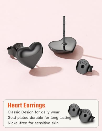 JustBeingCute Heart Stud Earrings 14K Gold Plated 925 Sterling Silver Posts | Dainty Simple Heart Earrings for Women hypoallergenic Chunky Puffy Studs Lightweight with Gift Box（7/10mm） - color: 7mm Black Stud