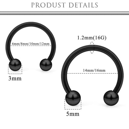 Hoeudjo 16G Septum Rings Stainless Steel Horseshoe Hoop Ring Lip Rings Hoop Smiley Piercing Jewelry for Women Men Diameter 6mm 8mm 10mm 12mm 14mm 16mm - color: black