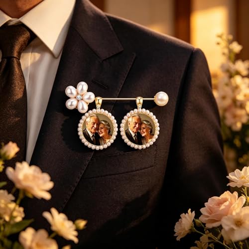 Memorial Photo Charm for Wedding Bouquet, Pearl Gold Brooch Picture Pendant, Bridal Bouquet Charm Keepsake Gift for Bride, Antique Boutonniere Jewelry