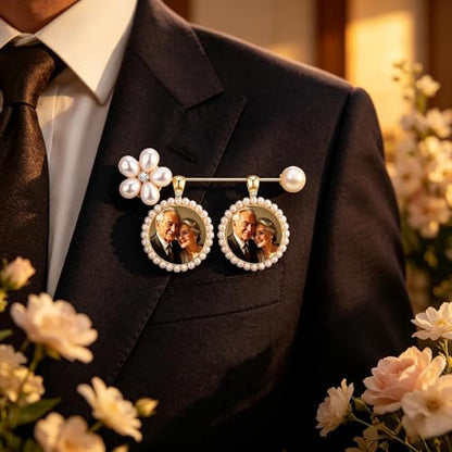 Memorial Photo Charm for Wedding Bouquet, Pearl Gold Brooch Picture Pendant, Bridal Bouquet Charm Keepsake Gift for Bride, Antique Boutonniere Jewelry
