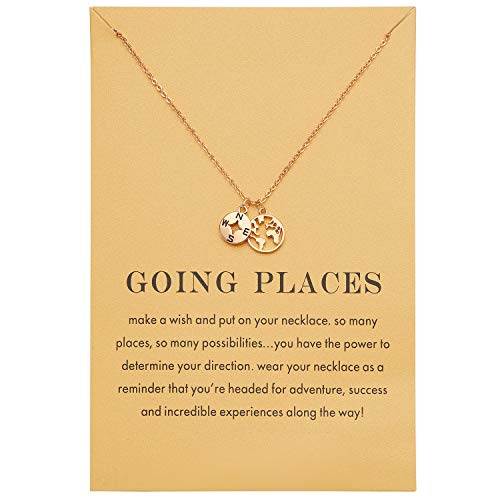 Zealmer Dainty 18K Gold Plated Compass World Map Pendant Necklace Graduation Gift for Friends - color: Worldmap Gold Tone