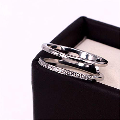 Women's Stainless Steel Cubic Zirconia Ring Knuckle Midi Stacking Double Lines Eternity Bands - color: Silver