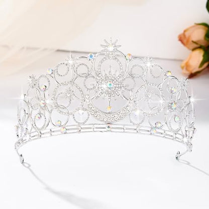 Crystal Crowns for Women, Crystal Bubble TiaraBride Royal Queen Headband Princess Headpieces for Women Bridal Wedding Prom Birthday Party Crowns - color: Silver Star & Moon Crown