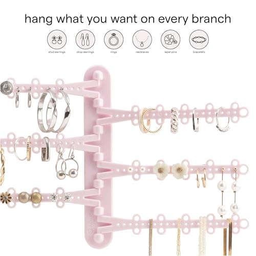 6-Tier Hanging Wall Jewelry Organizer, Earring, Necklace, Ring Holder-Pink | Large Capacity with 120 Earring Holes, Rotating Branches, Includes 3M Command Strips, Bracelet, Ring & Necklace Storage - color: 6-Tier Pastel Pink