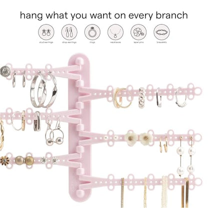 6-Tier Hanging Wall Jewelry Organizer, Earring, Necklace, Ring Holder-Pink | Large Capacity with 120 Earring Holes, Rotating Branches, Includes 3M Command Strips, Bracelet, Ring & Necklace Storage - color: 6-Tier Pastel Pink
