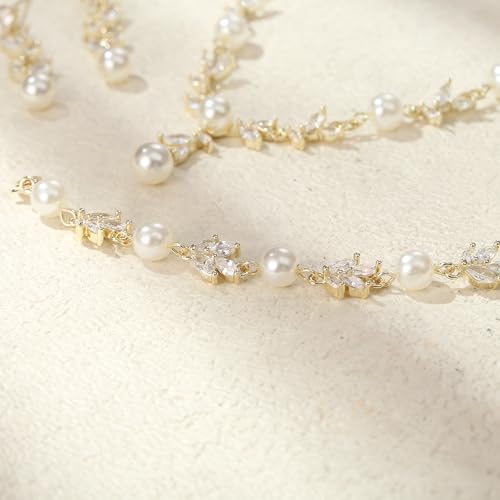 EVER FAITH Cubic Zirconia Pearl Leaf Bridal Jewelry Set for Bride Women - color: Marquise_Gold-Plated-Brass