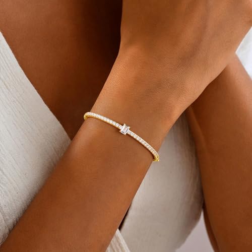 Turandoss Dainty Tennis Bangle Bracelets for Women Jewelry Gifts | 14K Gold Plated, Personalized Tennis Bracelets, Trendy Cubic Zirconia Bangle Bracelet, Jewelry Gifts for Mom Wife Sister - color: Half CZ Bangle - Square Tennis
