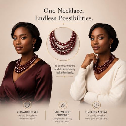 Simulated Pearl Necklace & Earring Set, Multi Strand - color: Burgundy