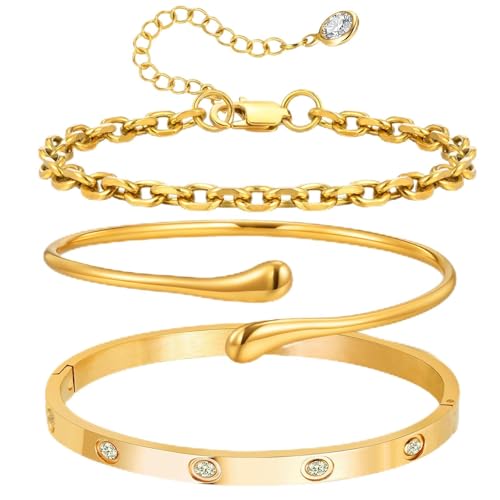 18K Gold Plated Bangle Bracelet Set for women,Cubic Zirconia Classic Stainless Steel Adjustable Gold Tennis Love Bracelets Stack for women and men - color: Water drop bracelet set