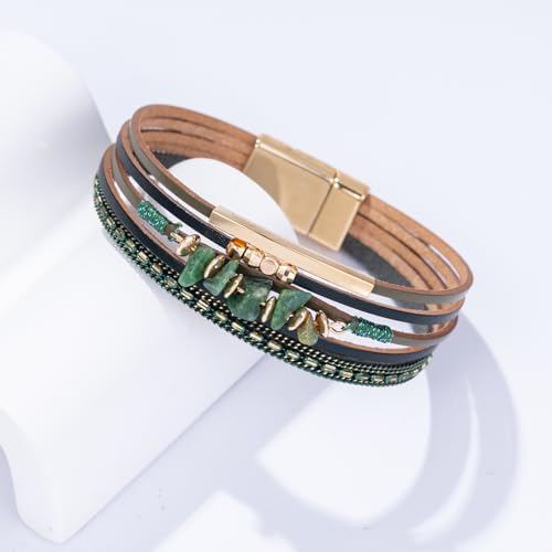 Boho Gemstone Beaded Leather Wrap Bracelets Stackable Chunky Cuff Bracelet Western Jewelry Cowboy Chic Country Concert Outfits for Women - color: Green