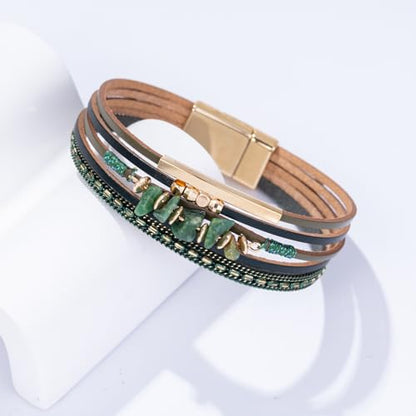 Boho Gemstone Beaded Leather Wrap Bracelets Stackable Chunky Cuff Bracelet Western Jewelry Cowboy Chic Country Concert Outfits for Women - color: Green