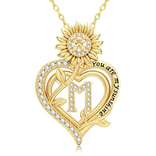 14K Gold Sunflower Initial Necklaces for Women | Heart Letter Pendant You Are My Sunshine Jewelry Gifts - style: M